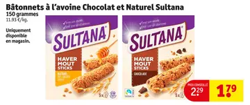 Offre: Batonnets a l'avoine Chocolat et Naturel Sultana