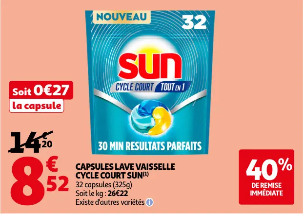 Promotie: Capsules lave vaisselle cycle court Sun