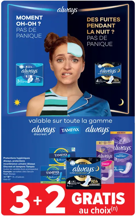 Offre: Protections hygiéniques Always, protections iincontinence urinaire et tampons