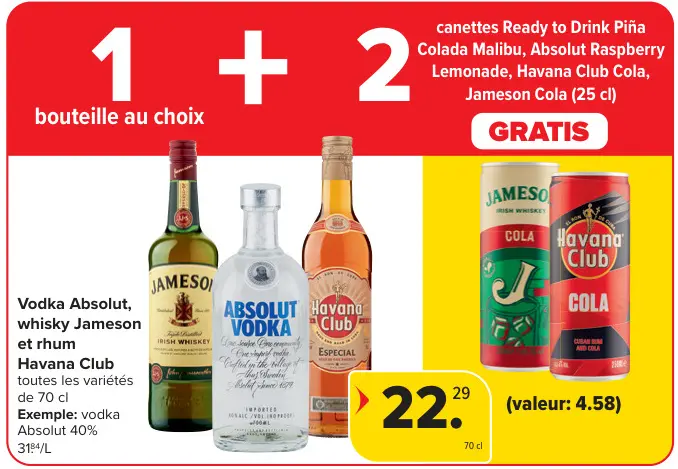 Offre: Vodka Absolut, whisky Jameson et rhum Havana Club