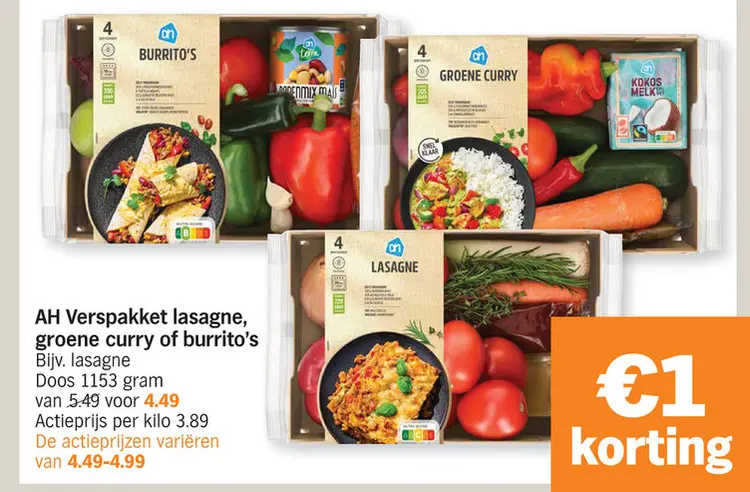Promotie: AH Verspakket lasagne, groene curry of burrit