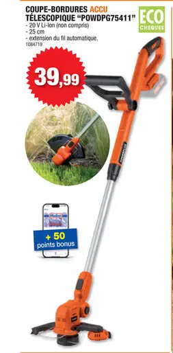 Offre: Powerplus Dual Power POWDPG75411 coupe-bordures sans fil 20V Li-Ion 26cm batterie non comprise