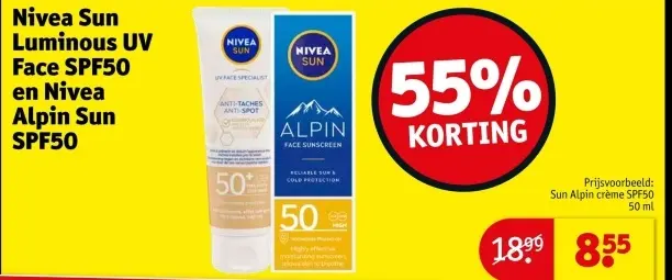 Aanbieding: Nivea Sun Luminous UV Face SPF50 en Nivea Alpin Sun