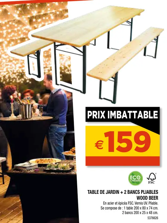 Promotie: Table de jardin + 2 bancs pliables wood beer