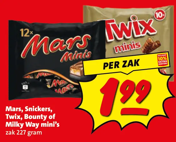 Aanbieding: Mars, Snickers, Twix, Bounty of Milky Way mini's