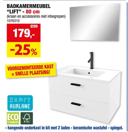 Promotie: Aurlane Lift badkamermeubel set 80cm 2 lades wit