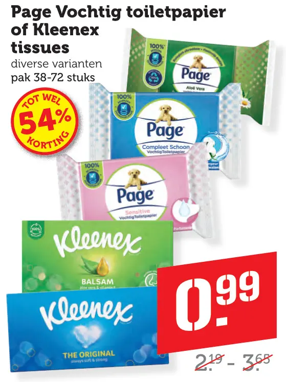 Aanbieding: Page Vochtig toiletpapier of Kleenex tissues