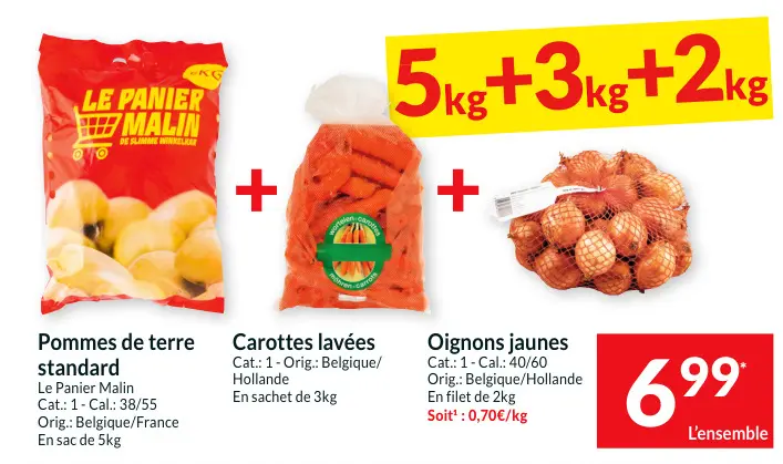 Offre: Pommes de terre standard, Carottes lavées, Oignons jaunes