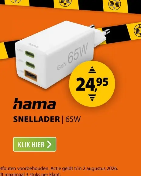 Aanbieding: Hama Fast Charger 2x USB-C PD 1x USB-A QC Mini-Charger 65 W Wit
