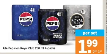 Aanbieding: Alle Pepsi en Royal Club 250 ml 4-packs