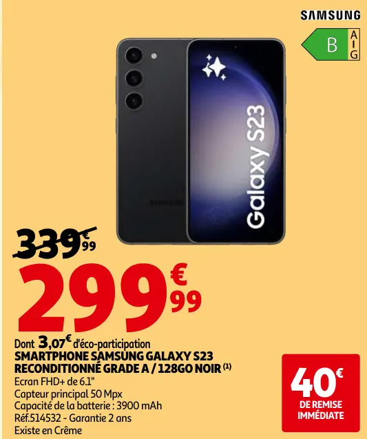 Promotie: Smartphone SAMSUNG galaxy s23 reconditionné grade A 128GO Noir