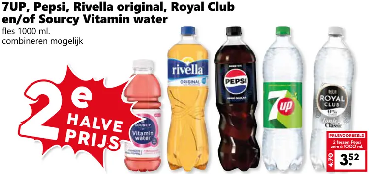 Aanbieding: 7UP, Pepsi, Rivella original, Royal Club en/of Sourcy Vitamin water