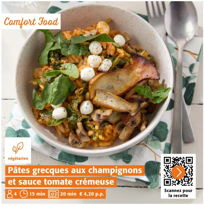 Offre: Pâtes grecques aux champignons et sauce tomat