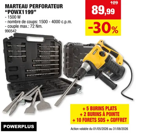Offre: Powerplus POWX1199 marteau-perforateur 1500W + 17 accessoires