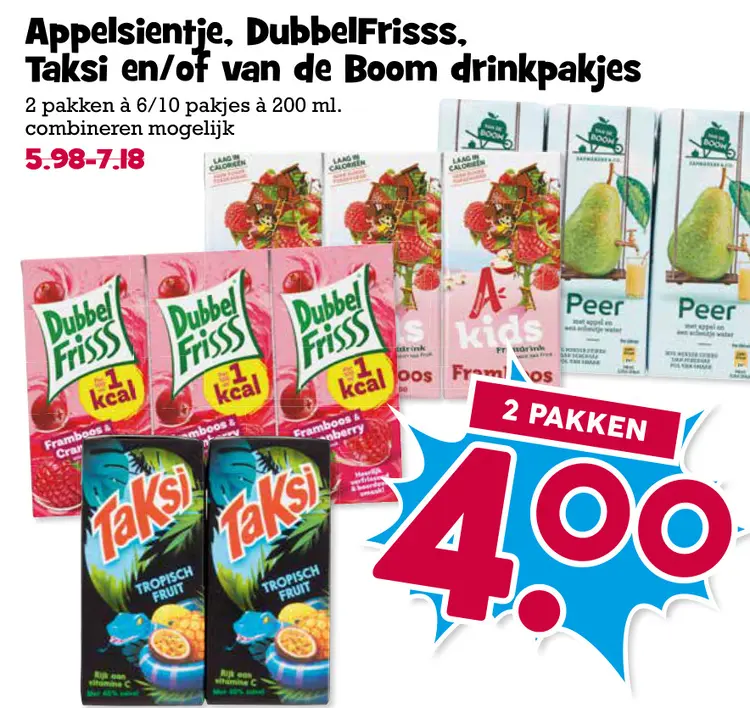 Aanbieding: Appelsientje, DubbelFrisss, Taksi en/of van de Boom drinkpakjes