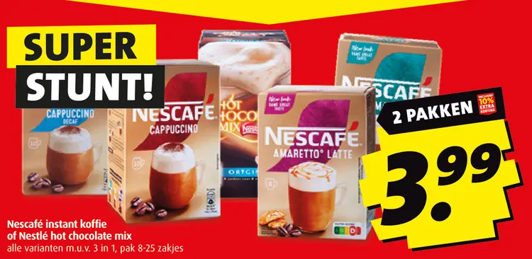 Aanbieding: instant koffie of Nestlé hot chocolate mix