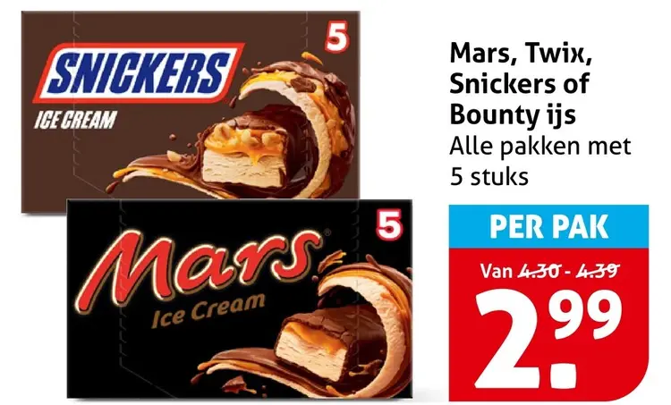Aanbieding: Mars, Twix, Snickers of Bounty ijs