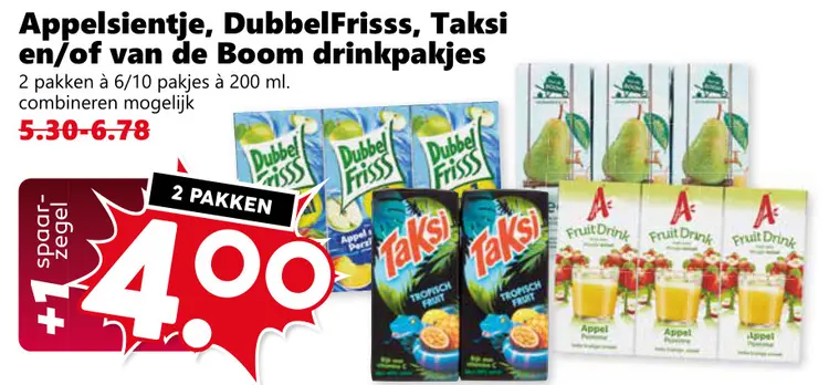 Aanbieding: Appelsientje, DubbelFrisss, Taksi en/of van de Boom drinkpakjes