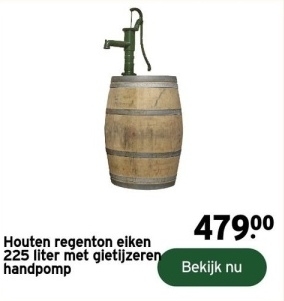 Aanbieding: Houten regenton eiken met gietijzeren handpom