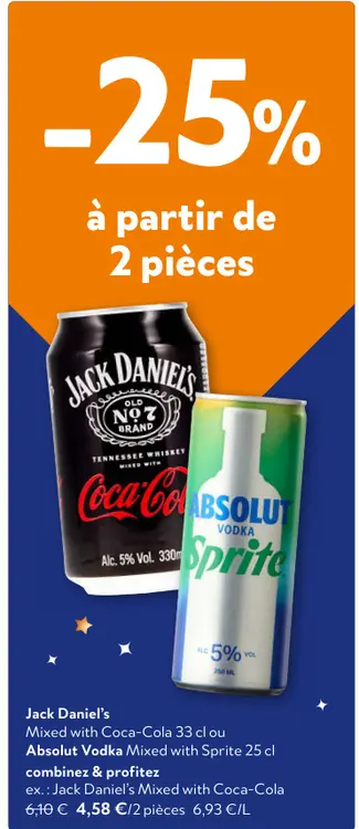 Offre: Jack Daniel's Mixed with Coca-Cola or Absolut