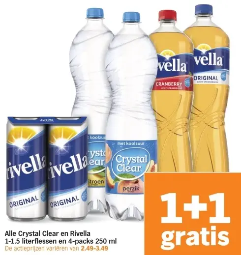 Aanbieding: Alle Crystal Clear en Rivella 1-1.5 literflessen en 4-packs 250 ml