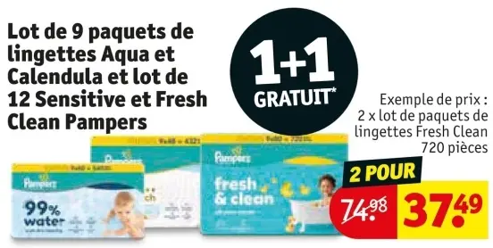 Offre: Lot de 9 paquets de lingettes Aqua et Calendula et lot de 12 Sensitive et Fresh Clean