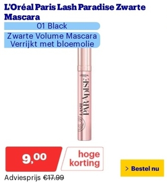 Aanbieding: L’Oréal Paris Lash Paradise Zwarte Mascara - 01 Black - Zwarte Volume Mascara Verrijkt met bloemolie - 6,4 ml