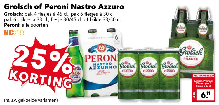 Aanbieding: Grolsch of Peroni Nastro Azzuro