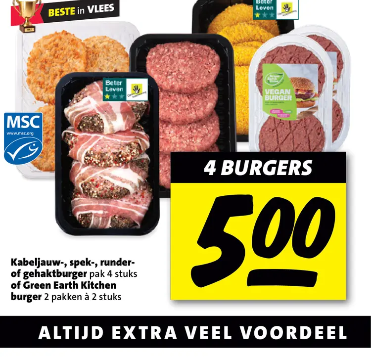 Aanbieding: Kabeljauw-, spek-, runder- of gehaktburger of