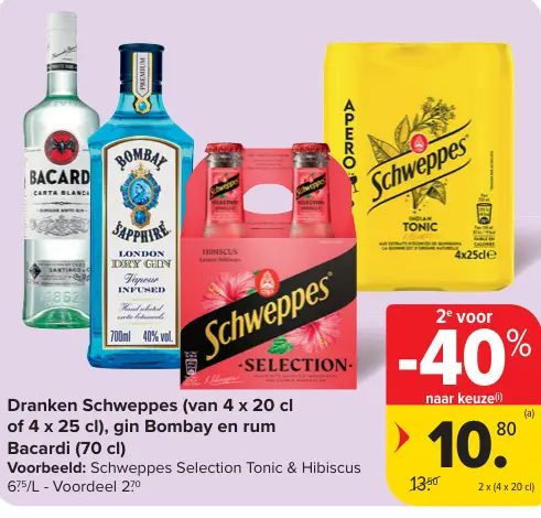 Promotie: Dranken Schweppes, gin Bombay en rum Bacardi