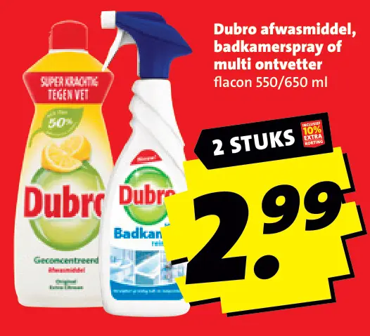 Aanbieding: Dubro afwasmiddel, badkamerspray of multi ontvetter