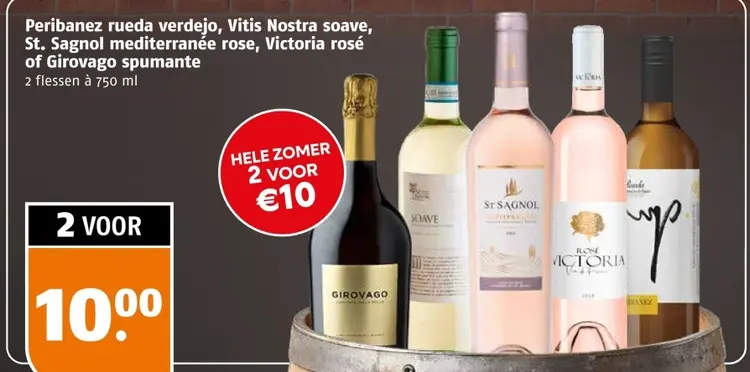 Aanbieding: Peribanez rueda verdejo, Vitis Nostra soave, St. Sagnol mediterranée rose, Victoria rosé of Girovago spumante