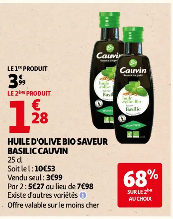 Offre: Huile d'olive bio saveur basilic