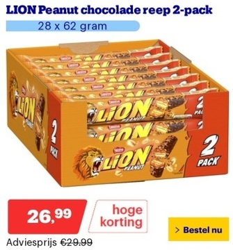 Aanbieding: LION Peanut chocolade reep 2-pack - 28 x 62 gram