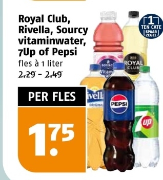 Aanbieding: Royal Club , Rivella , Sourcy vitaminwater , 7Up of Pepsi