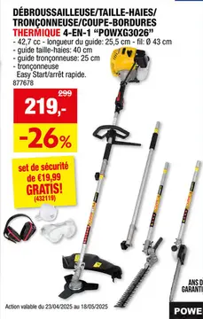 Offre: Powerplus POWXG3026 4-en-1 débroussailleuse coupe-bordures taille-haie tronçonneuse thermique 42,7cc