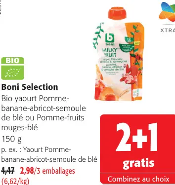 Offre: Bio yaourt Pomme-banane-abricot-semoule de blé ou Pomme-fruits rouges-blé