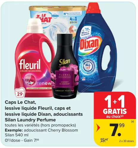 Offre: Caps Le Chat, lessive liquide Fleuril, caps et lessive liquide Dixan, adoucissants Silan Laundry Perfume