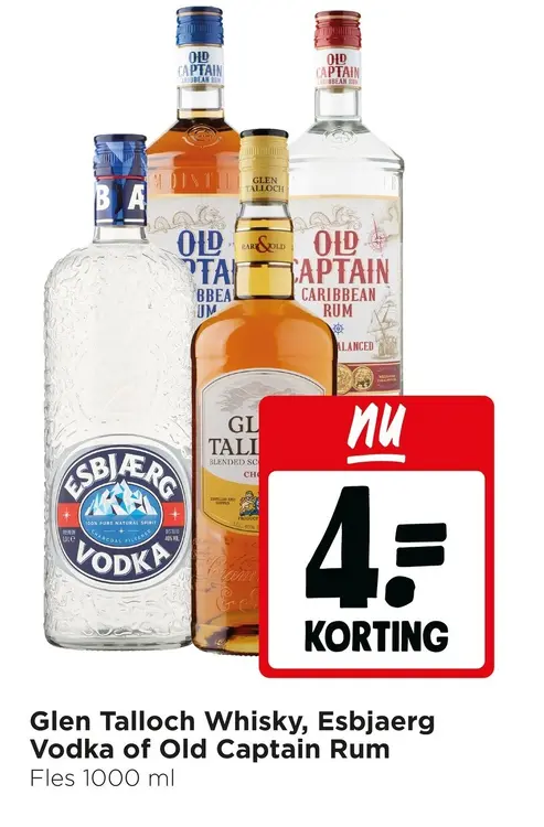 Aanbieding: Glen Talloch Whisky, Esbjaerg Vodka of Old Captain Rum