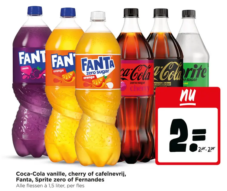 Aanbieding: Coca-Cola vanille, cherry of cafeïnevrij, Fanta, Sprite zero of Fernandes