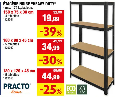 Offre: Practo Home Heavy Duty étagère 150x75x30 cm métal/bois noir
