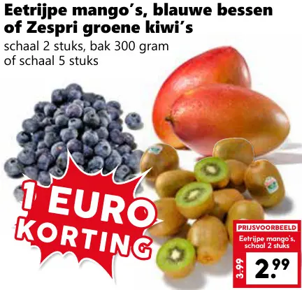 Aanbieding: Eetrijpe mango's, blauwe bessen of groene kiwi's