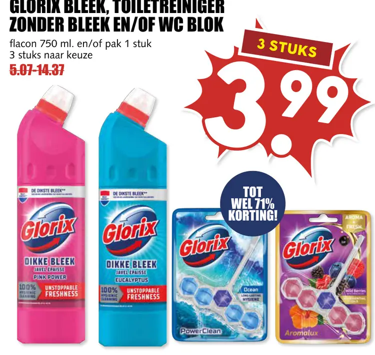 Aanbieding: Glorix bleek, toiletreiniger zonder bleek en/of wc-blok