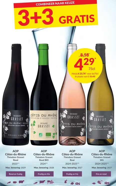 Promotie: 3+3 gratis wijnen, zoals: Côtes-du-Rhône Théodore Grasset
