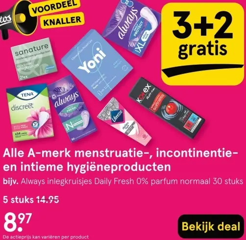 Aanbieding: Alle A-merk menstruatie-, incontinentie- en intieme hygiëneproducten
