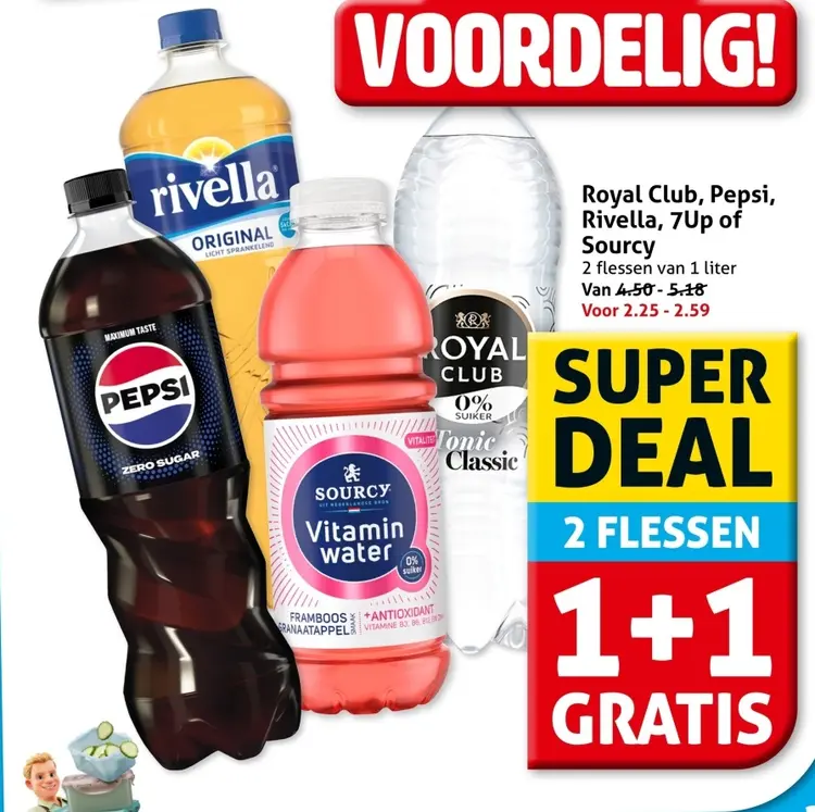 Aanbieding: Royal Club, Pepsi, Rivella, 7Up of Sourcy