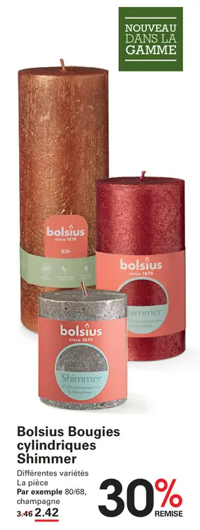Offre: Bolsius Bougies cylindriques Shimmer