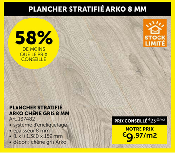 Offre: Sol Stratifié Clic 7x159x1380mm Chêne Gris Arko