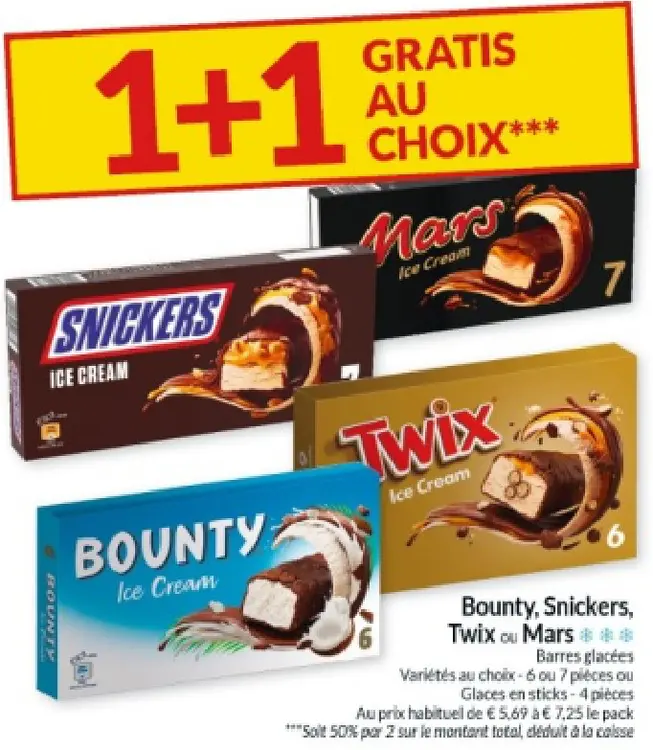 Offre: Bounty, Snickers, Twix ou Mars