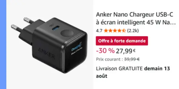 Offre: Anker Nano Chargeur USB-C à écran intelligent 45 W